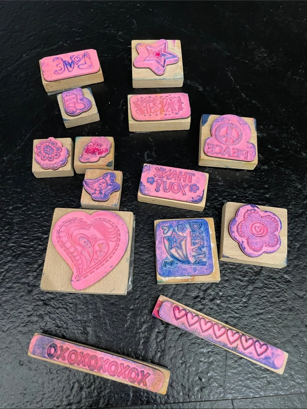 Wood Stamp Set with Colorful Pink and Multicolor Designs